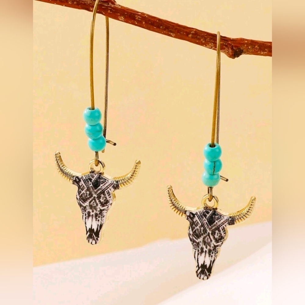 Western  Bull Skull Earrings with Turquoise Accents